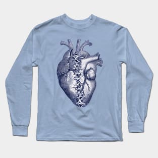 Blue Broken heart, Human heart illustration art, laces, tied heart, sewn heart Long Sleeve T-Shirt